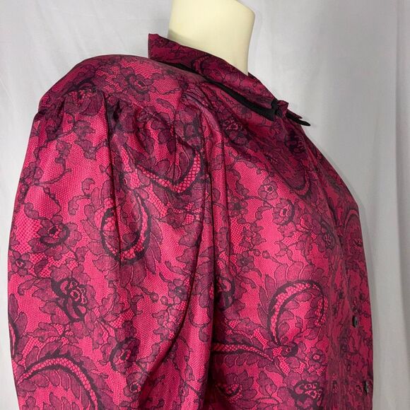 Vintage Lady Manhattan Plus Red Lace Print Blouse 22W / 42 | Puff Sleeve Button - Picture 9 of 14